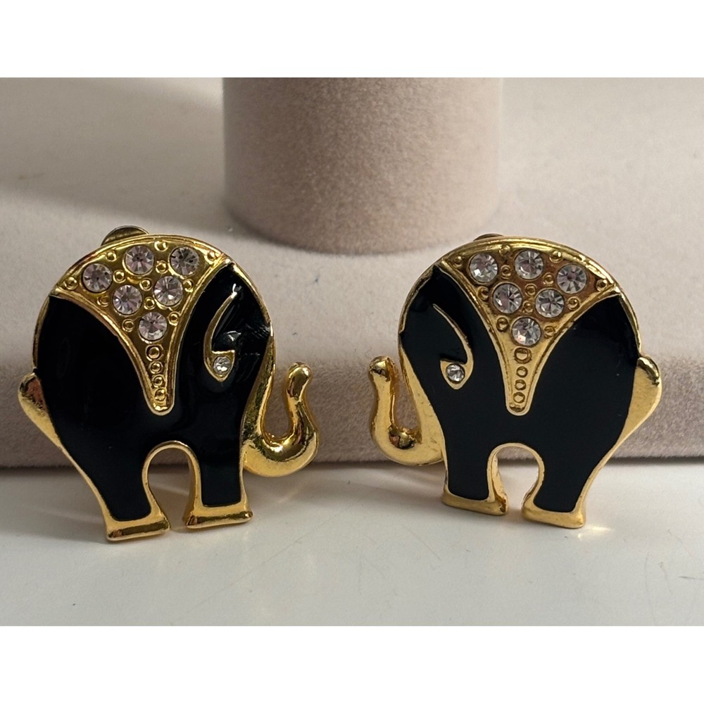 1980s Gold Tone Enamel Elephant Clip On Earrings Rhinestone Accents